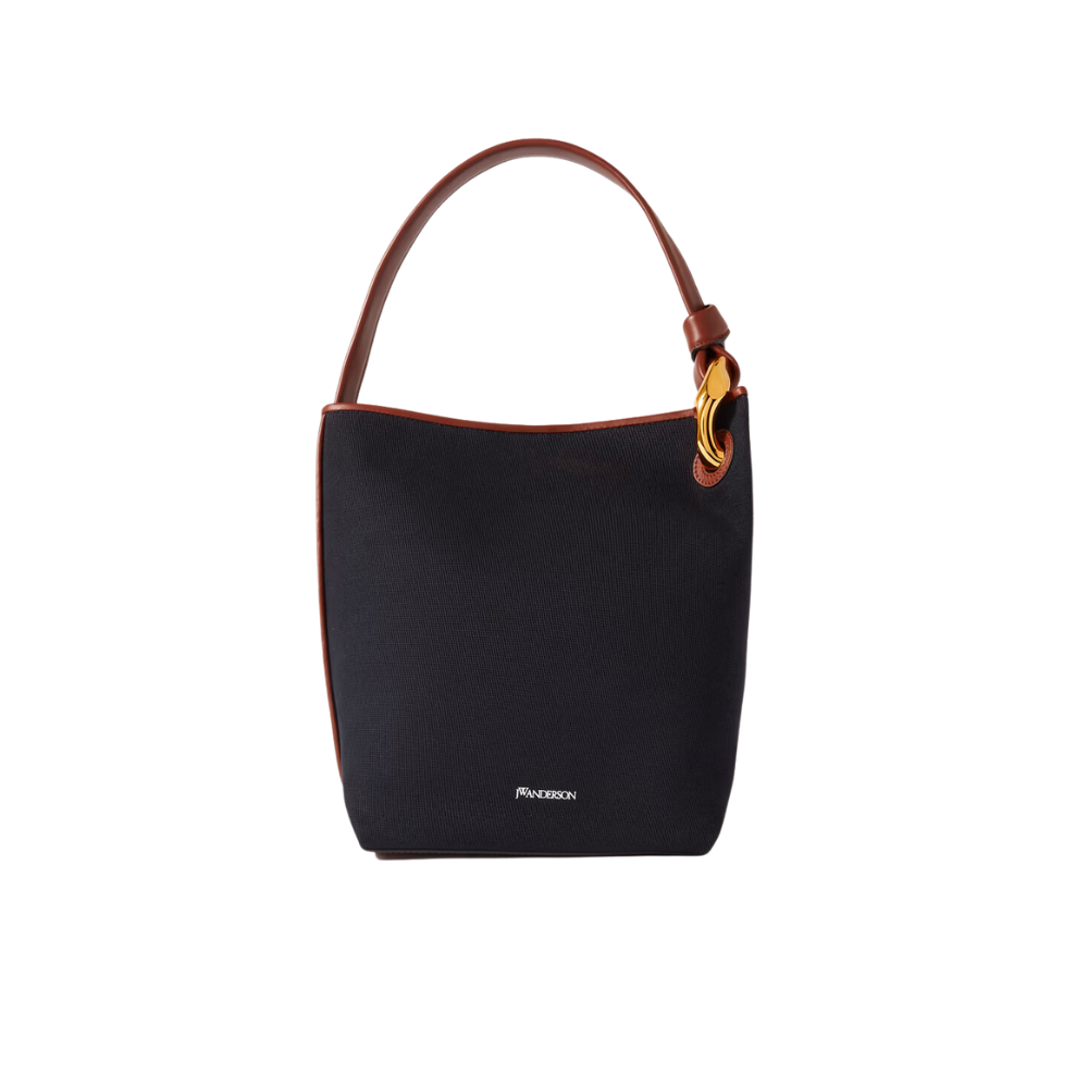 Chain Embellished Leather Trimmed Bucket Bag
