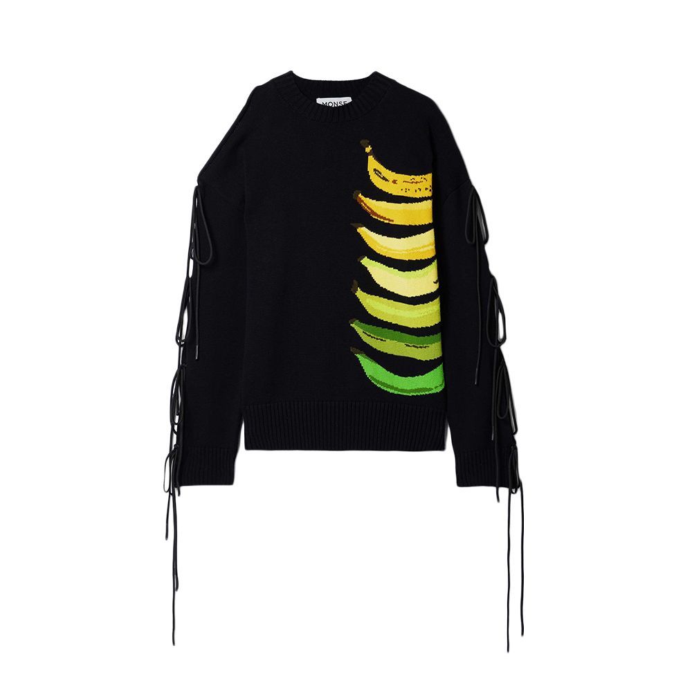 Banana Intarsia Tie Sleeve Cotton Sweater